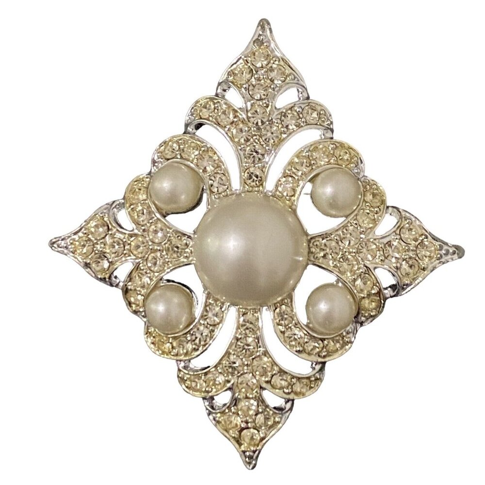 Sarah Coventry Rhinestone Faux Pearl Brooch Silver‎ Tone